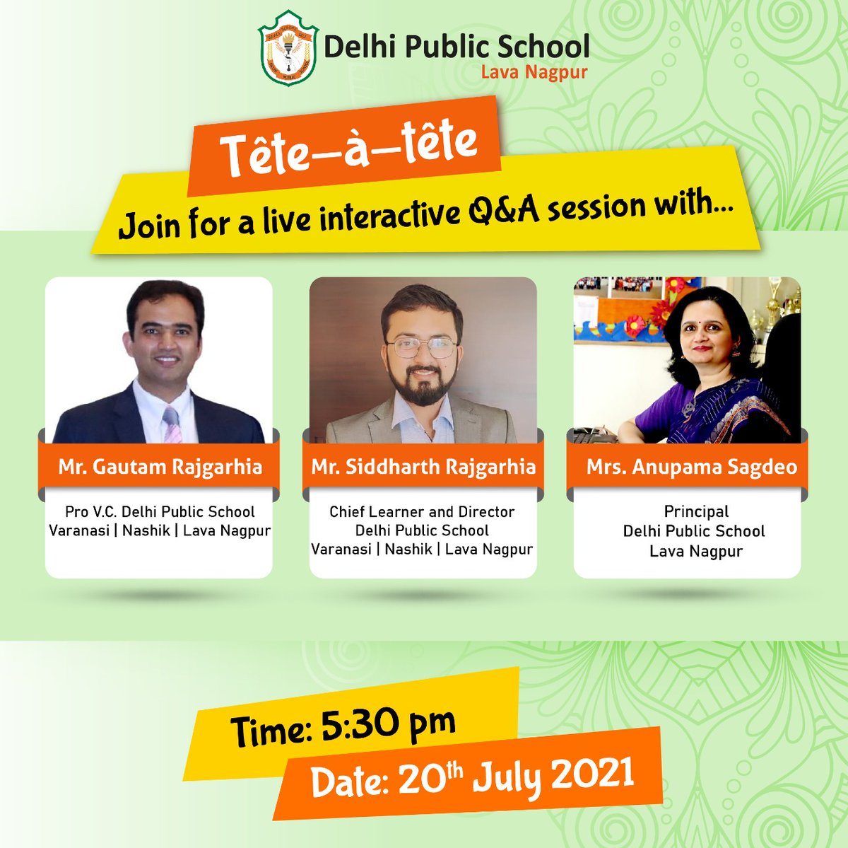 Tête-à-tête – an interactive session with School Management and Principal. As a progressive school, we truly believe in valuing student’s voices. 
Join us for a live session on July 20,2021 at 5:30pm at the link mentioned below - 
stream.meet.google.com/stream/9de4a89…