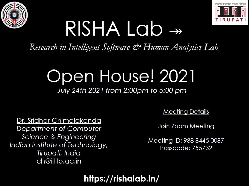 rishalab's tweet photo. Do you work in #softwareengineering #educationaltechnologies or #HCI in India?
 
Come and Join us for the RISHA Lab Open House 2021 @IIT Tirupati (Virtually) on 24th July 2pm-5pm (IST)!

2 years - 22+ publications in top-most venues (ICSE, FSE, MSR...), 25+ tools

@Indiaacm https://t.co/SVHpTOq0zH