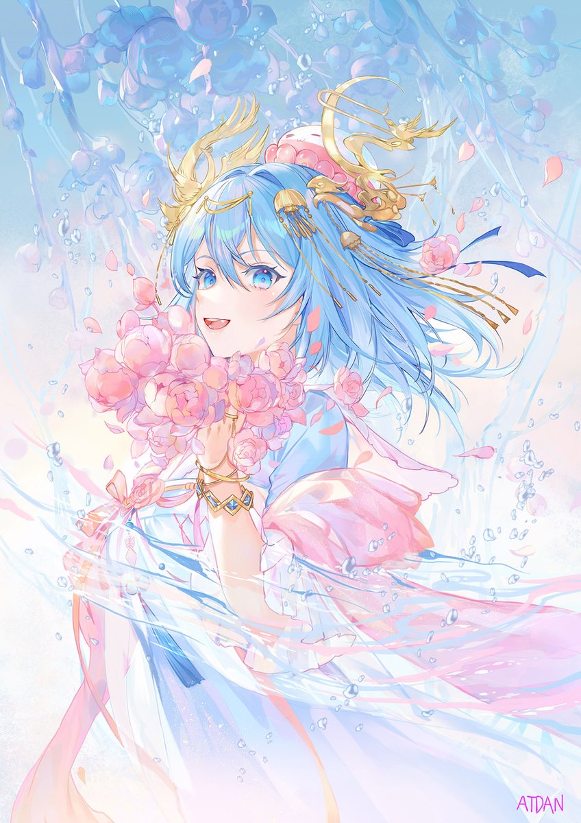 1girl blue eyes blue hair solo flower smile open mouth  illustration images