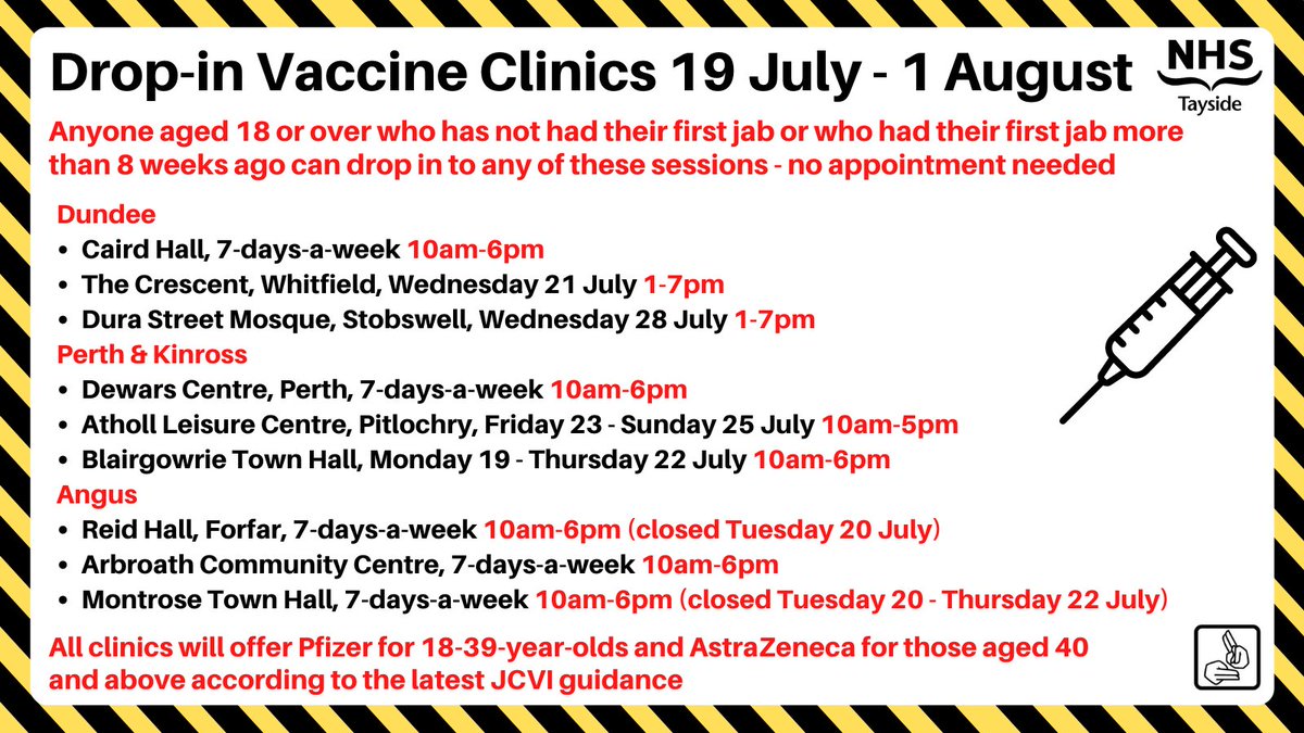 Drop-in 💉 clinics this week.

If you are 18+ and not had your 1st jab or are 8+ weeks since your 1st, you can drop in to any of these sessions.

If you have an appointment, you can attend a drop-in if you prefer, but please don't attend for second doses early.