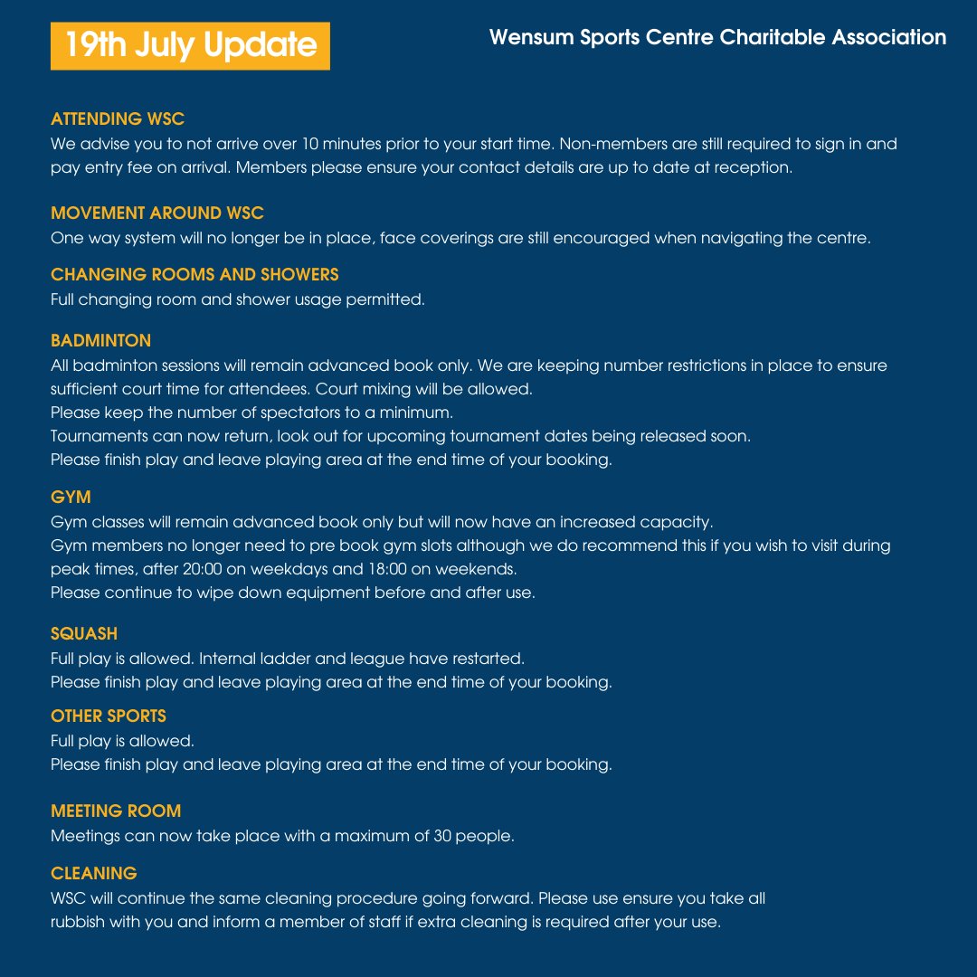 Please read the final stage of our restrictions below. We have decided to maintain a few of the new procedures for now to help our members feel safe and keep your minds at ease when using the facility. We will monitor this closely and make amendments as necessary.