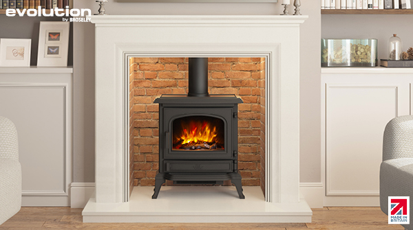 The Heslington freestanding electric stove is built from Cast Iron in Matt Black finish with a wide arched window which allows the landscape of flames to be fully admired. #broseleystoves #electricstove #interiorinspiration