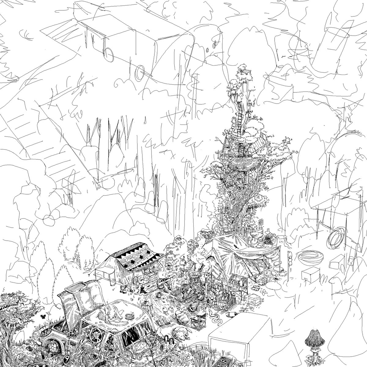 Camping with Animal gang 
In the Forbidden Abandoned place
WIP03 : I think I drawing too slow 
🐰⌚⌛