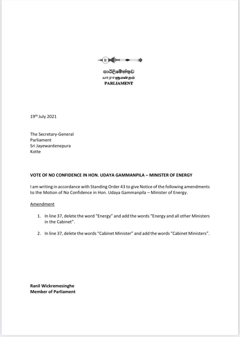 RW_SRILANKA's tweet image. I have proposed an amendment to the No-Confidence Motion tabled against Minister Udaya Gammanpila.

The amendment was handed over to the Secretary-General of Parliament this morning.