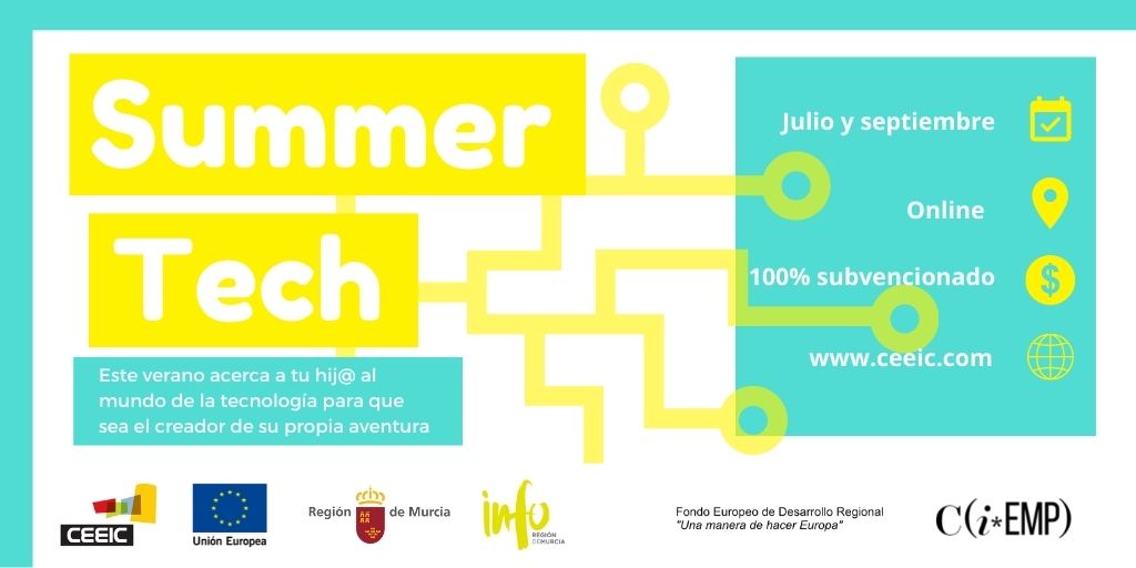 CEEICT's tweet image. ¡Comenzamos la tercera semana de #SummerTech de la mano de @Ceeict e @infoRMurcia! 🤖

Más de 40 niños y niñas ya han adquirido conocimientos en programación de videojuegos, modelado 3D y realidad aumentada durante las dos primeras semanas 👏