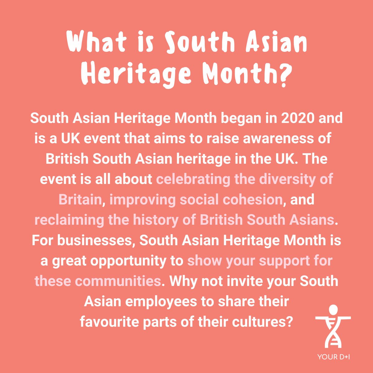 Happy South Asian Heritage Month from Your D+I!

#southasianheritagemonth #southasianheritagemonth2021 #southasianheritagemonth21 #southasianheritage #diversityandinclusion #dandi #diversity #inclusion #inclusionmatters #inclusionanddiversity #equality #hr #humanresources