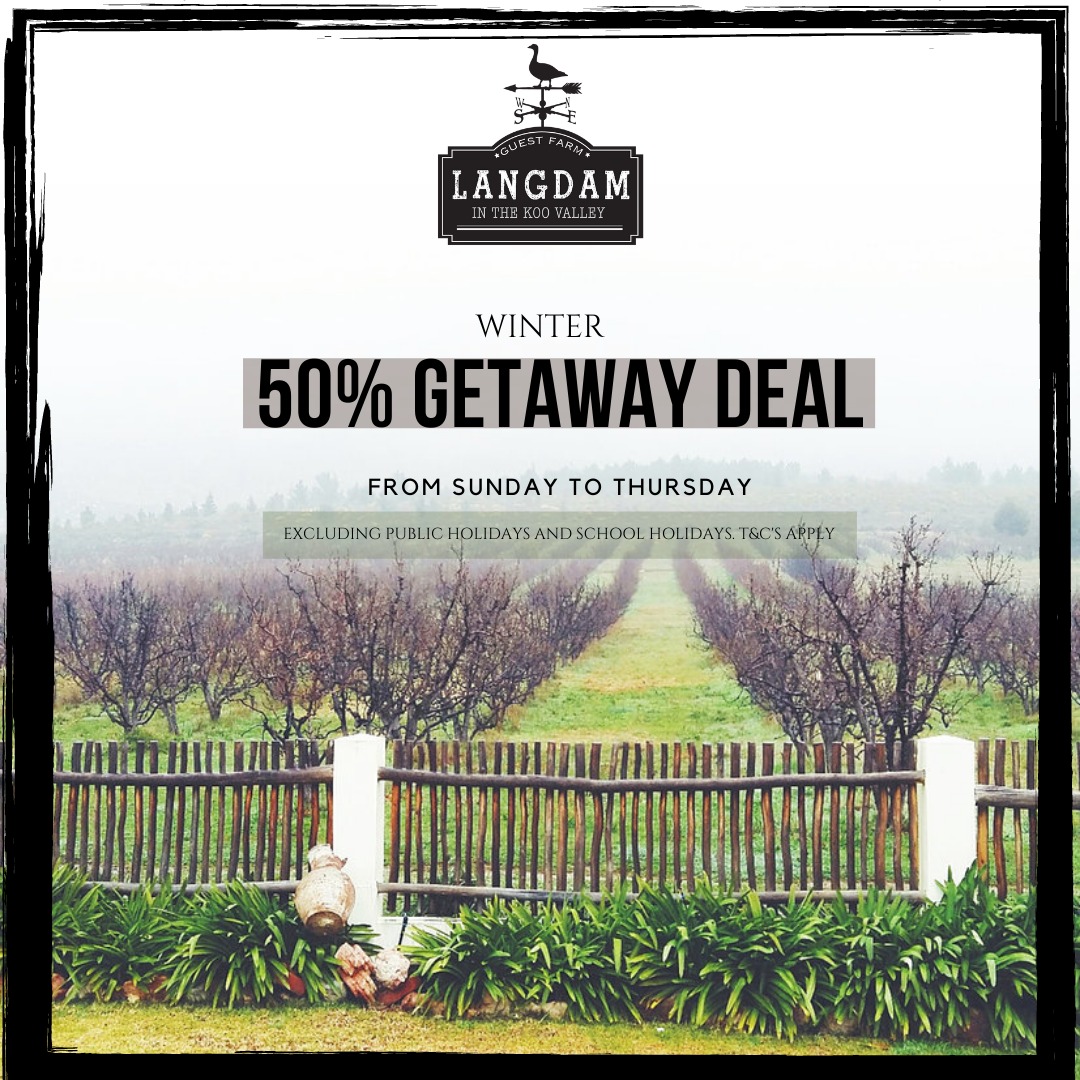 The 50% Getaway Deal!
From Sunday to Monday - 50% off on accommodation.

#farm #farmlife #farming #southafrica #nature #theoutdoors #dam #guestfarm #weddingvenue #travel #karoo #koovalley #bassfishing #cottage #holidays #chilled #getaways #selfcatering #hottubs #horseriding