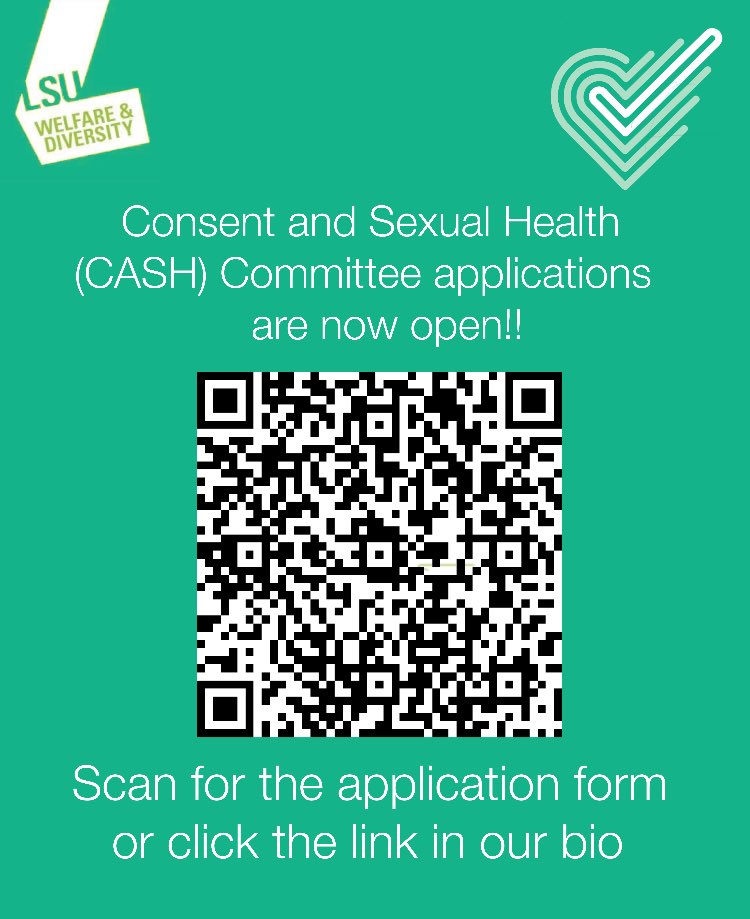 LSUCASH's tweet image. So excited to share that applications are open for the consent and sexual health (CASH) committee! 

You can apply by scanning the QR code or clicking this link: forms.office.com/r/X3KiMvMQix! Applications will be open until the 2nd August.

DM us for any questions!