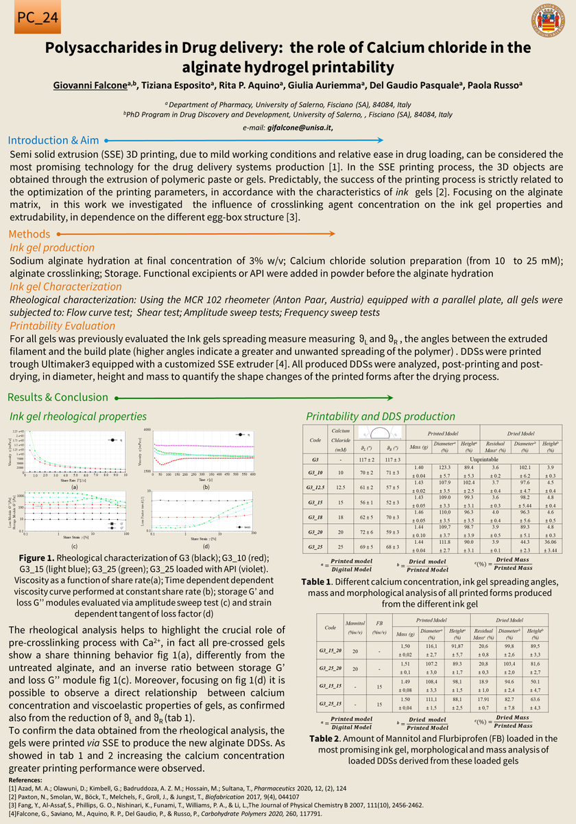 #PEVM2021 <a href="/Net4Science/">Net4Science</a> 
I am Giovanni Falcone, Ph.D. student at University of Salerno.
I am proud to present the result of my research work on #NewtechnologyforDrugDelivery #3Dprinting #SemiSolidExtrusion #Polymericmatrices
#CalciumAlginateionotropicgelation