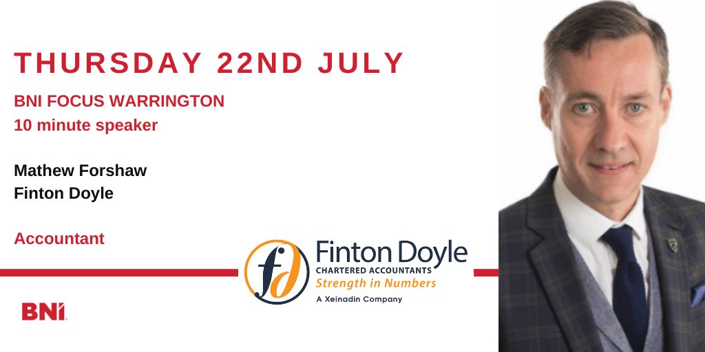 BNIFocus's tweet photo. Mathew Forshaw of @fintondoyleHQ is our 10 minute speaker on Thursday - do join us to hear how he supports his clients with a full accountancy service and solid business advice #bni #warrington https://t.co/AdLEgO6mF7 https://t.co/cHprpr9yjM