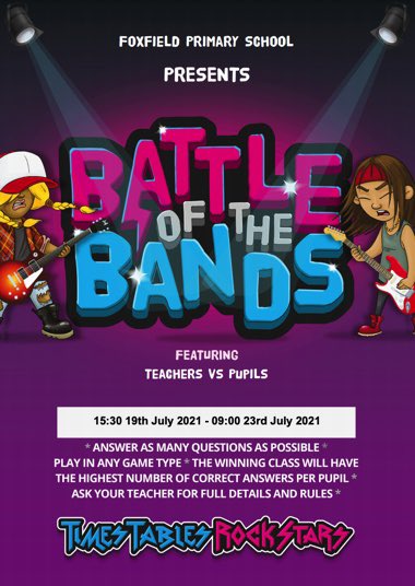 FoxfieldMaths's tweet image. To round off our final week in school, we have set up a Teachers vs Pupils TTRS battle. The battle begins at 3:30pm today and will end at 9am on Friday. Your teachers are ready, are you? Good luck! @TTRockStars @foxfield #getpracticing
