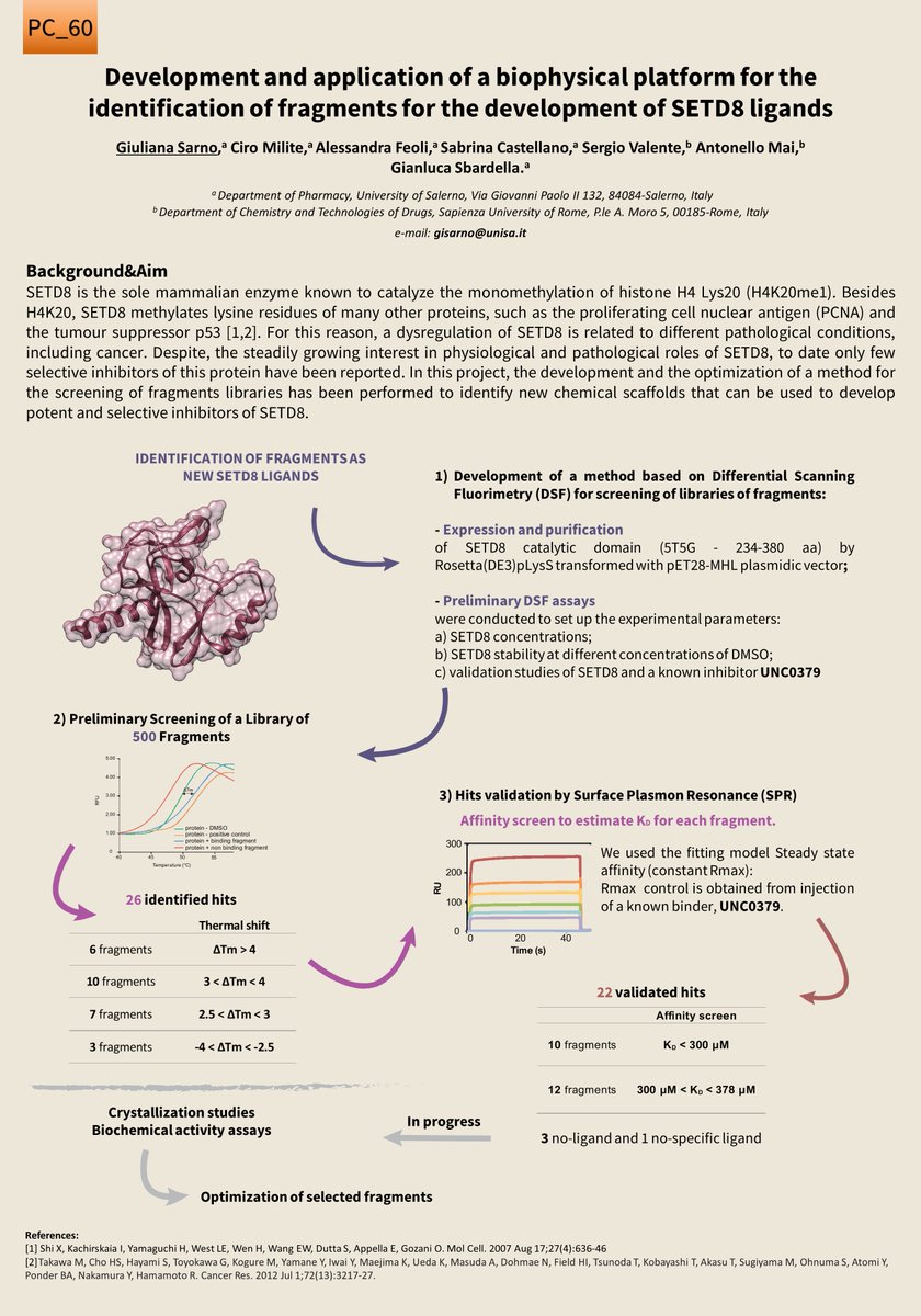 Giuliana Sarno (@sarnogiuliana) on Twitter photo I'm Giuliana Sarno, a PhD student at <a href="/EpiMedChemLab/">EpigeneticMedChemLab</a> <a href="/UniSalerno/">Università Salerno</a>.
My poster (PC_60) is focused on development and application of a biophysical platform for the identification of fragments for the development of SETD8 ligands.
<a href="/Net4Science/">Net4Science</a> #PEVM2021 #medchem I'm Giuliana Sarno, a PhD student at <a href="/EpiMedChemLab/">EpigeneticMedChemLab</a> <a href="/UniSalerno/">Università Salerno</a>.
My poster (PC_60) is focused on development and application of a biophysical platform for the identification of fragments for the development of SETD8 ligands.
<a href="/Net4Science/">Net4Science</a> #PEVM2021 #medchem