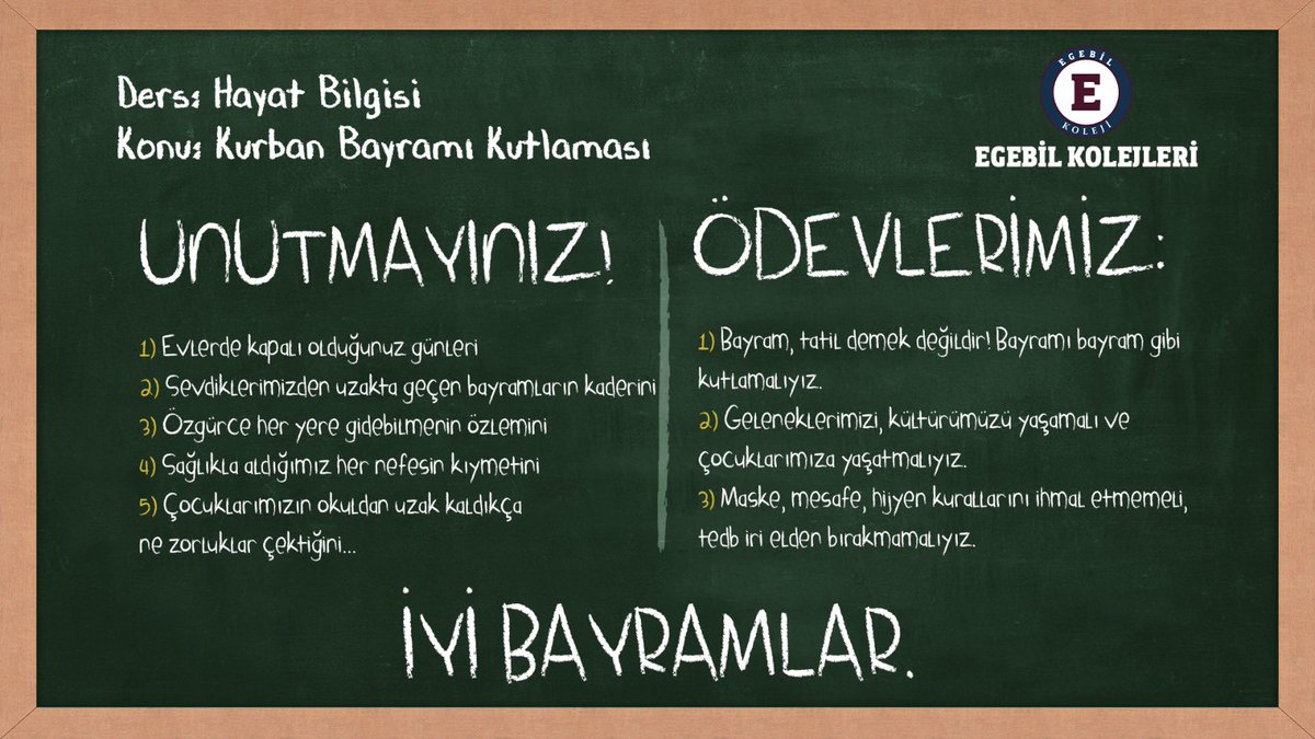 Egebil Kolejleri olarak Kurban Bayramınızı kutluyor, hatırlatmalarımızı iletiyoruz. 🐑

#kurban #egebil #kurbanbayramı #ödev #unutmayın