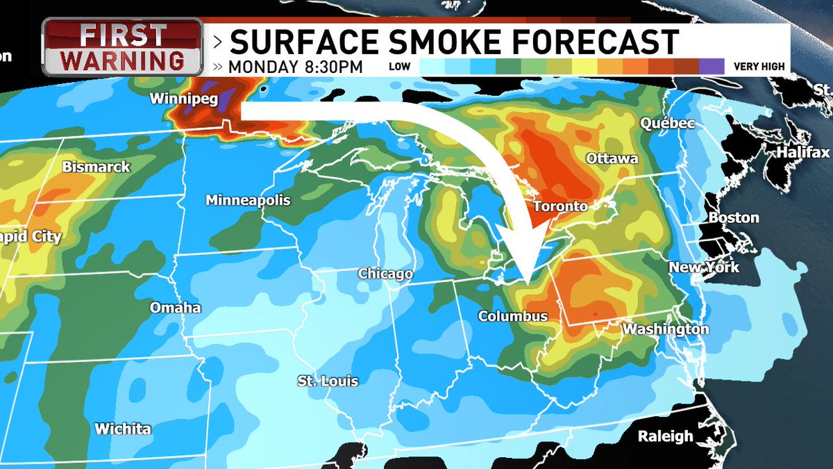 AndrewWSYX6's tweet image. You may notice some extra haze in the sky later today for a few days.  Smoke from Canadian wildfires will be blowing into the Great Lakes and giving us some vibrant sunrises &amp;amp; sunsets. #GoodDayColumbus #OhioWX
