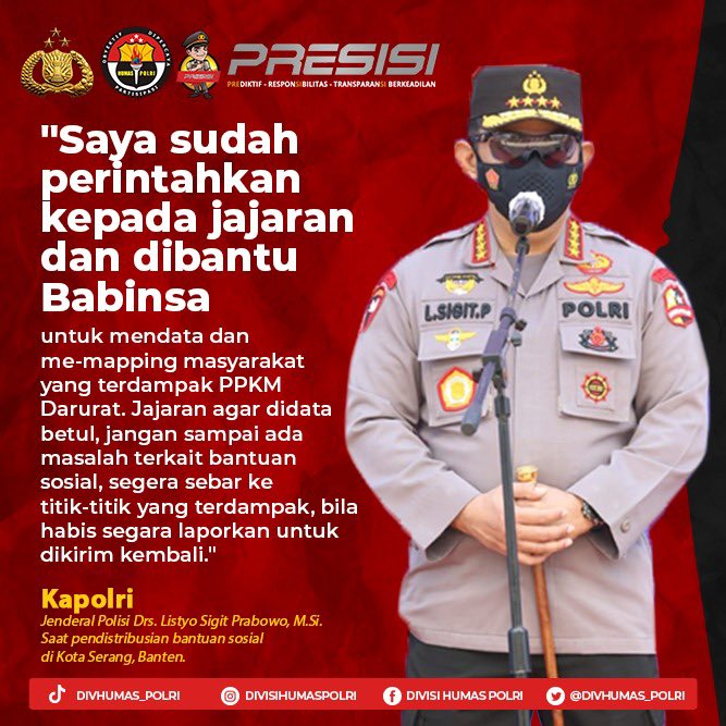 DivHumas_Polri's tweet photo. "Saya sudah perintahkan kepada jajaran dan dibantu Babinsa untuk mendata dan me-mapping masyarakat yang terdampak PPKM Darurat." https://t.co/JXV7SY0izS