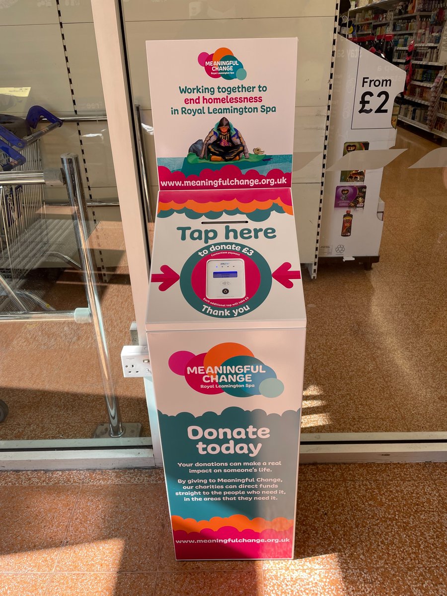 SafeInWarks's tweet photo. A new Meaningful Change donation point has been installed at Tesco on the Parade!

Simply tap the contactless point to donate - your donations are shared with multiple local charities that can support vulnerable people in Leamington.

https://t.co/GhDFk9M1mj https://t.co/Vobgp3d2LD