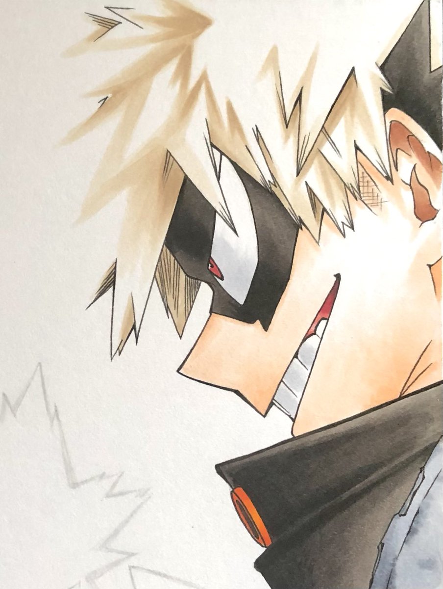 bakugou katsuki eye mask male focus spiked hair blonde hair 1boy red eyes smile  illustration images