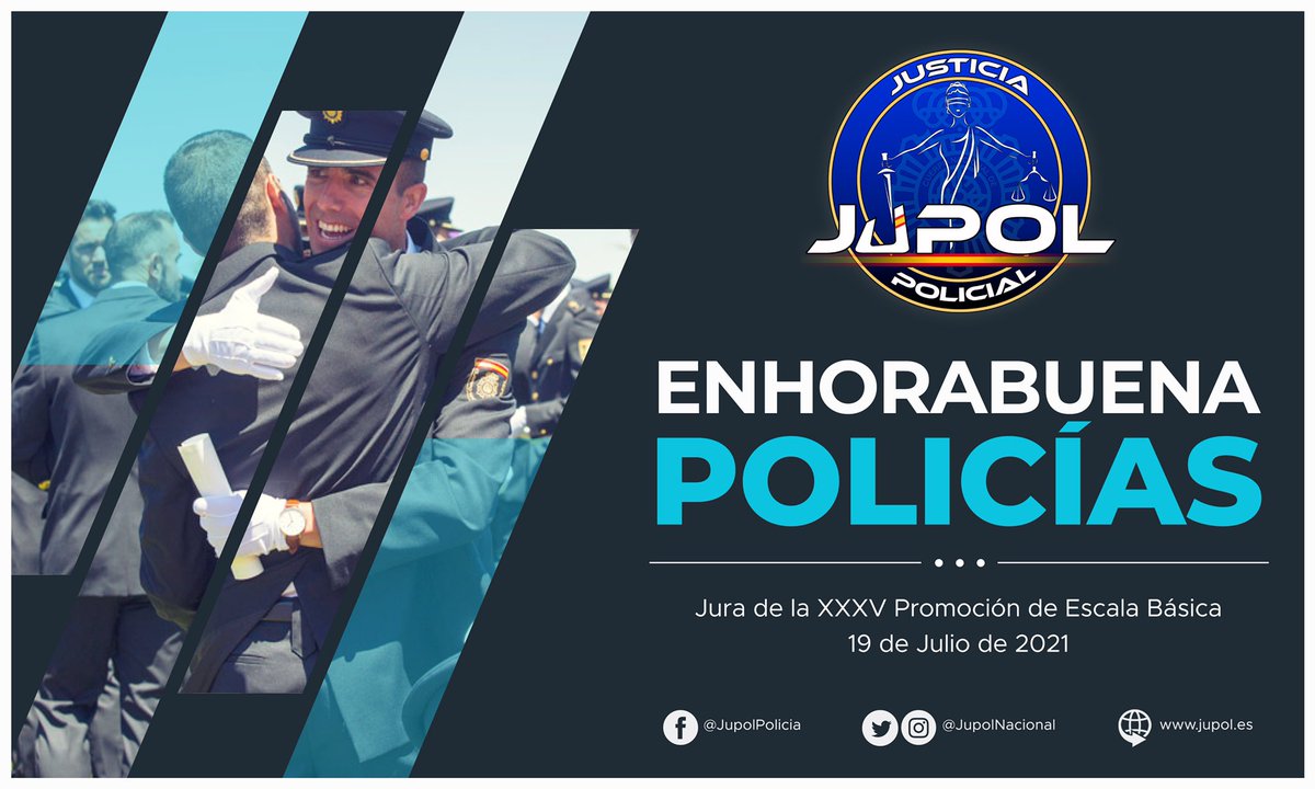JupolNacional's tweet photo. 💙#XXXV💙

👮‍♂️👮Desde JUPOL queremos felicitar a TODOS/AS y cada uno de los nuevos COMPAÑEROS/AS que hoy han jurado su cargo como nuevos Policías de la #PromociónXXXV.🇪🇸 

😉Mucha suerte en vuestra carrera y nuevos destinos, a vuestra disposición.😎

#FuerzaYHonor
#EquiparacionYa https://t.co/lYgAmkvN67
