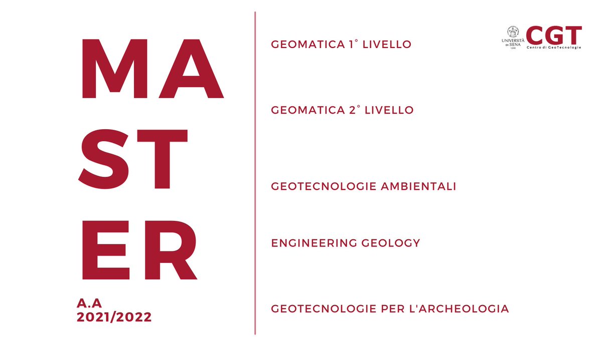 ‼️ In attesa dell'uscita dei bandi 𝐬𝐜𝐨𝐩𝐫𝐢 𝐥𝐚 𝐧𝐮𝐨𝐯𝐚 𝐨𝐟𝐟𝐞𝐫𝐭𝐚 𝐟𝐨𝐫𝐦𝐚𝐭𝐢𝐯𝐚 dei 𝐦𝐚𝐬𝐭𝐞𝐫 𝐂𝐆𝐓 dell'Università degli Studi di Siena per l'anno accademico 2021/2022 sul nostro sito a questo link: geotecnologie.unisi.it/master/
#staytuned #master #postlaurea