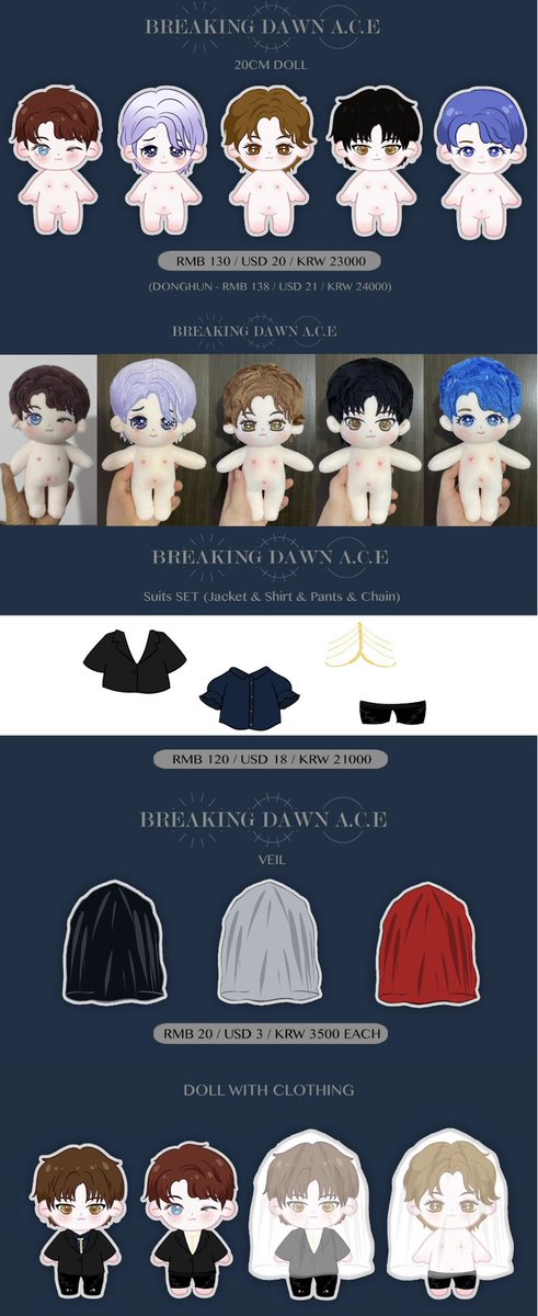ACEGlobal3's tweet photo. A.C.E Breaking Dawn 20cm Dolls - Malaysia GO✨

Doll only: RM130 (DH RM135)
Doll + Veil: RM150 (DH RM155)
Doll + Suit: RM215 (DH RM220)
Doll + Suit + Veil: RM235 (DH RM240)

Deadline - 30/7
Price include shipping + PayPal &amp; postage fee

▶️ https://t.co/bOwgf9gfyy

#ACE  #에이스 https://t.co/PQ3ErtCECh