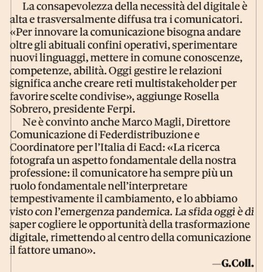 Oggi su <a href="/sole24ore/">IlSole24ORE</a> <a href="/gpcolletti/">Giampaolo Colletti</a> fa una sintesi dei dati dello <a href="/ECM_CommMonitor/">European Communication Monitor</a> <a href="/euprera/">EUPRERA</a> in collaborazione con <a href="/eacdonline/">EACD</a> Nell'articolo, un mio commento insieme a @RossellaSobrero @Ferpi2puntozero
<a href="/SRomenti/">Stefania Romenti</a> <a href="/uniiulm/">Università IULM</a> <a href="/EmaInvernizzi/">Emanuele Invernizzi</a>