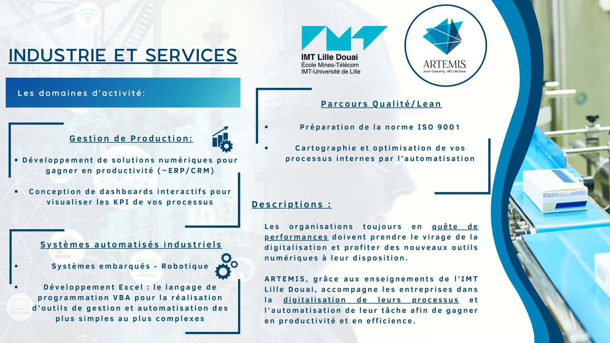 JuniorIMTNE's tweet photo. 🔵[Nos compétences][Industrie &amp; Services]🔵

Que ce soit en gestion de la qualité ou d’optimisation industrielle en passant par la rédaction technique. @ARTEMISConseil sera toujours là pour accompagner les entreprises dans leurs missions afin de gagner en productivité📈 !

#CNJE https://t.co/Npl644l8KE