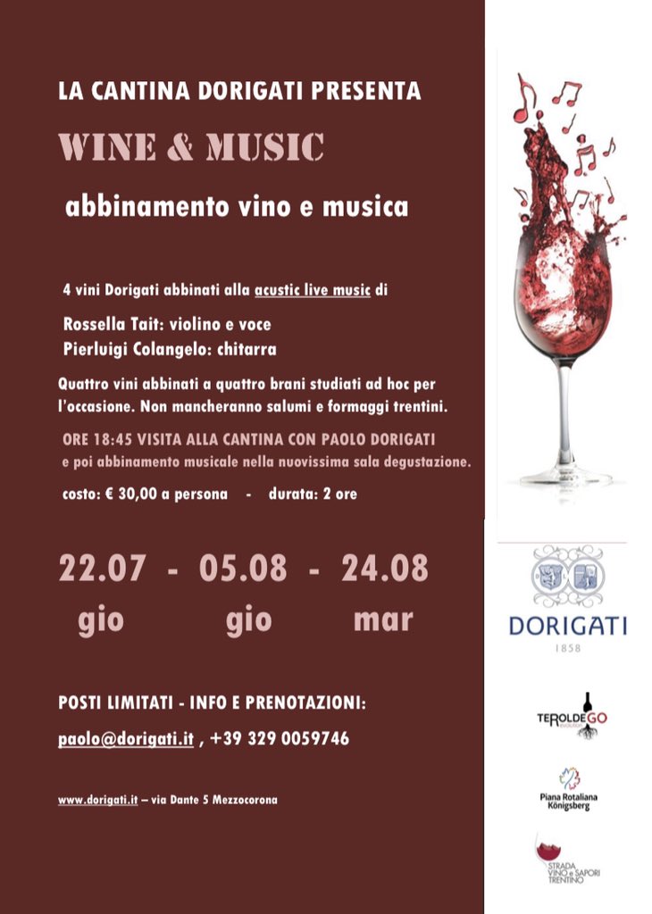 4 vini Dorigati abbinati a 4 brani eseguiti dal vivo dal duo <a href="/rossella/">Rossella</a>.tait e @colangelopierluigi .
Ore 18:45.
Primo appuntamento questo giovedì 22/07 
Prenotate il vostro posto per questa esperienza ultra sensoriale.
<a href="/trentinowine/">Consorzio Vini del Trentino</a> <a href="/VinoDolomiti/">VinoDolomiti</a>