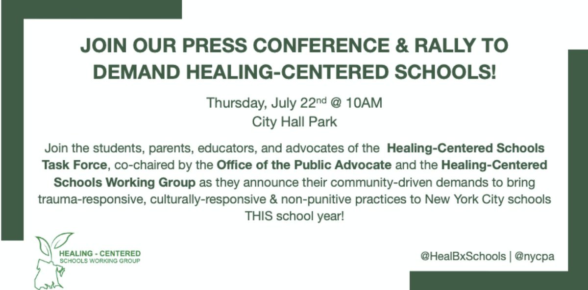 Ed Justice Research & Organizing Collaborative (@nyu_ejroc) on Twitter photo It’s time for <a href="/NYCSchools/">NYC Public Schools</a> & <a href="/NYCMayor/">Mayor Eric Adams</a> to build the schools that students, parents & educators demand. Join the Healing-Centered Schools Task Force THIS Thurs at City Hall to support community-driven demands for equitable, healing-centered, CRSE schools! <a href="/HealBxSchools/">Healing-Centered Schools Working Group</a> It’s time for <a href="/NYCSchools/">NYC Public Schools</a> & <a href="/NYCMayor/">Mayor Eric Adams</a> to build the schools that students, parents & educators demand. Join the Healing-Centered Schools Task Force THIS Thurs at City Hall to support community-driven demands for equitable, healing-centered, CRSE schools! <a href="/HealBxSchools/">Healing-Centered Schools Working Group</a>