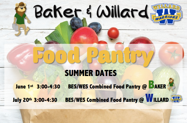 willardelem's tweet photo. Reminder!  The combined Baker/Willard FOOD PANTRY will be tomorrow, Tuesday, July 20th in Willard's back parking lot from 3-4:30 or until the food is gone.  Come and see us!  Go Warriors! https://t.co/MsFU52mnO8