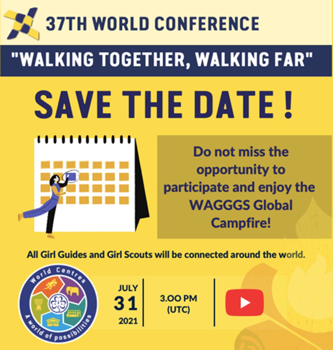 Sangamwc's tweet photo. Save the date!
Do not miss the opportunity to participate and enjoy the WAGGGS Global Campfire!
All Girl Guides and Girl Scouts will be connected around the world "Walking together, walking far"
We are waiting for you on July 31st at 3PM UTC https://t.co/L44qvvhhiC