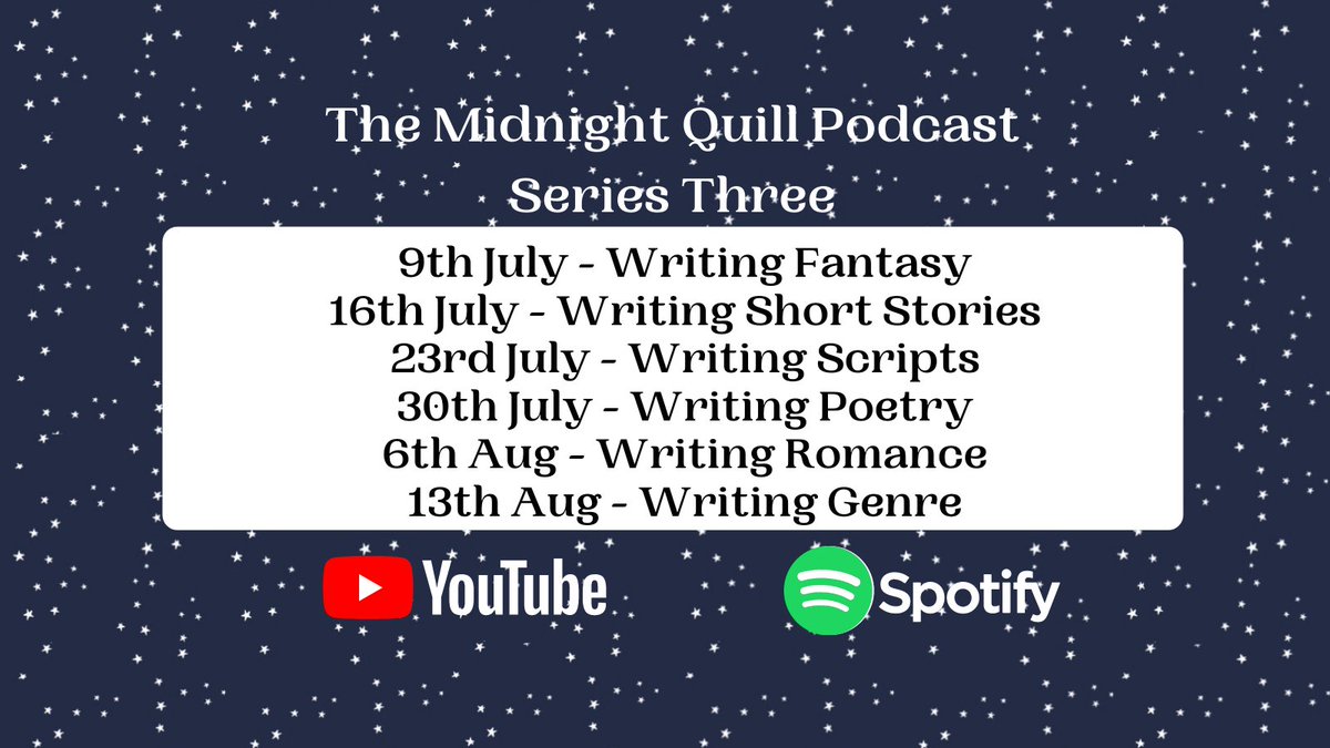 Coming up in Series 3! 2 eps are out w our 3rd ep airing Friday 23rd!
Writing Fantasy w <a href="/CharliAuthor/">Charlotte Murphy</a> &amp; @SamanthaVAtkins 
Writing Short Stories
Writing Scripts w actor, Josh Vince
Writing Poetry w <a href="/sherlock_speare/">No longer on this hellscape.</a> 
Writing Romance w @MJGlenn_ &amp; <a href="/ClaireDyer1/">Claire Dyer</a> 
Writing Genre