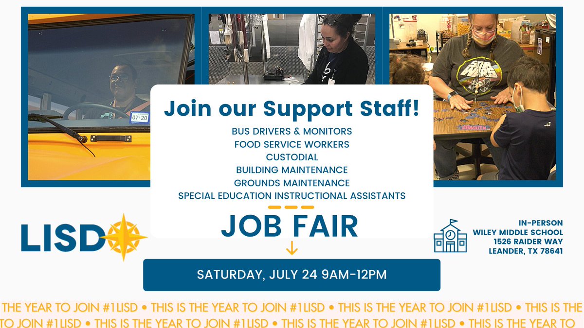 Ready to join #1LISD?! 
<a href="/LISDCareers/">Leander ISD HR</a>  is hosting a JOB FAIR ***IN-PERSON*** to recruit Support Staff 👩‍🏫🚌👷‍♂️👩‍🍳 Stop by Wiley Middle School on Saturday, July 24 from 9am-noon for a great opportunity to join a fantastic team!
#MondayMotivation