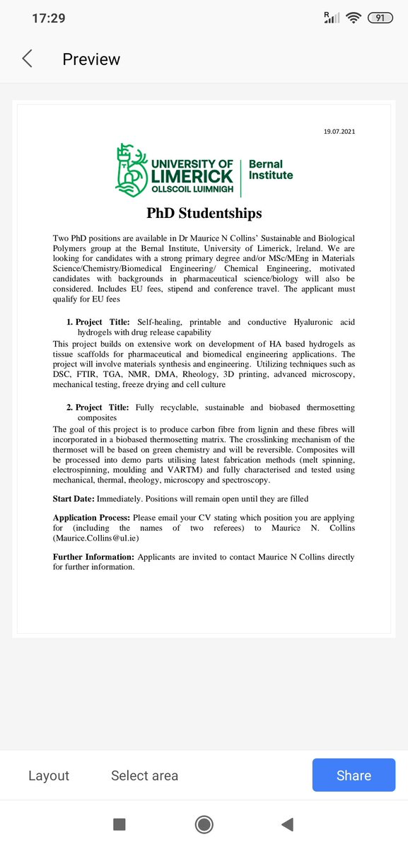 I am looking to recruit two PhD candidates. One in biomedical)Tissue Engineering and a second in sustainable composites #biomaterials  @BernalNews @EngineeringAtUL <a href="/UL_Research/">UL Research</a>