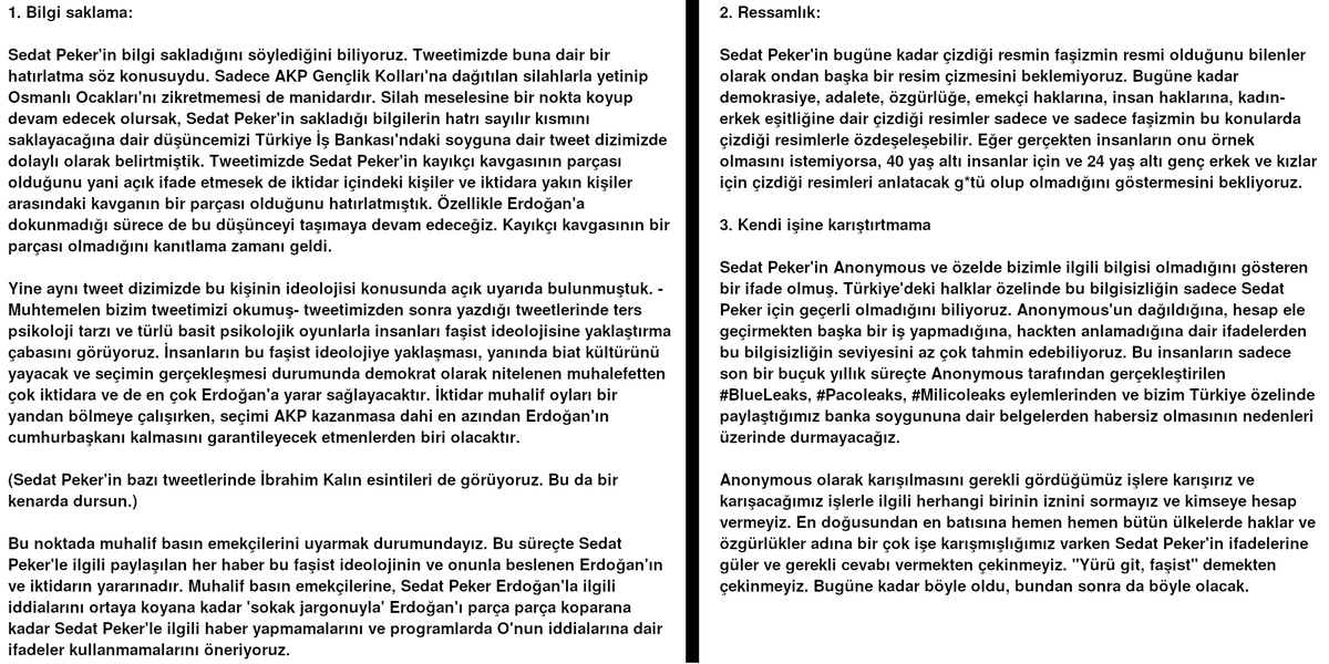 YourAnonNews's tweet photo. Sedat Peker'e dair;

Sedat Peker, bize yanıtında -ki kendisinden yanıt istemedik- bilgi sakladığının bilindiğini, parça parça koparmayı sevdiğini, bir resim çizdiğini ve kendi işine karıştırtmayacağını söylemiş. Bunlara tek tek cevap vermeyi tercih ediyoruz. 

Cevaplarımız: https://t.co/sYyQvR8u6O