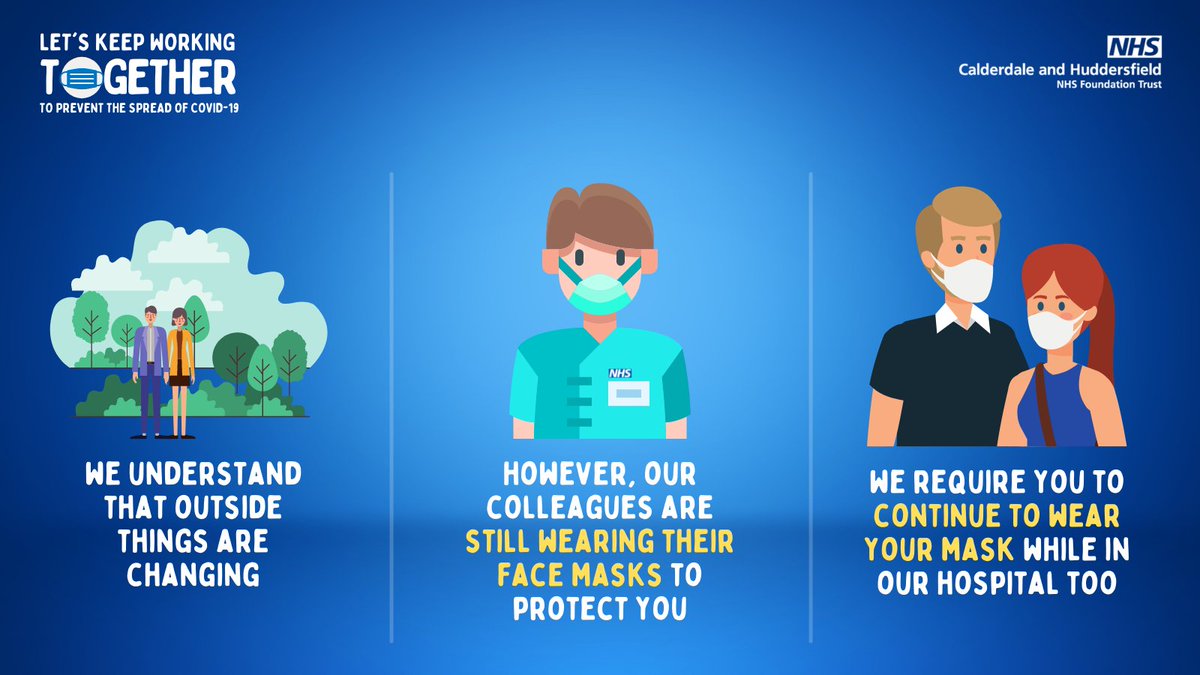 We understand that outside things are changing. However, our colleagues will still be wearing their facemasks to protect you. We require you to continue to wear your mask while in our hospitals too. Thank you for your continued support.