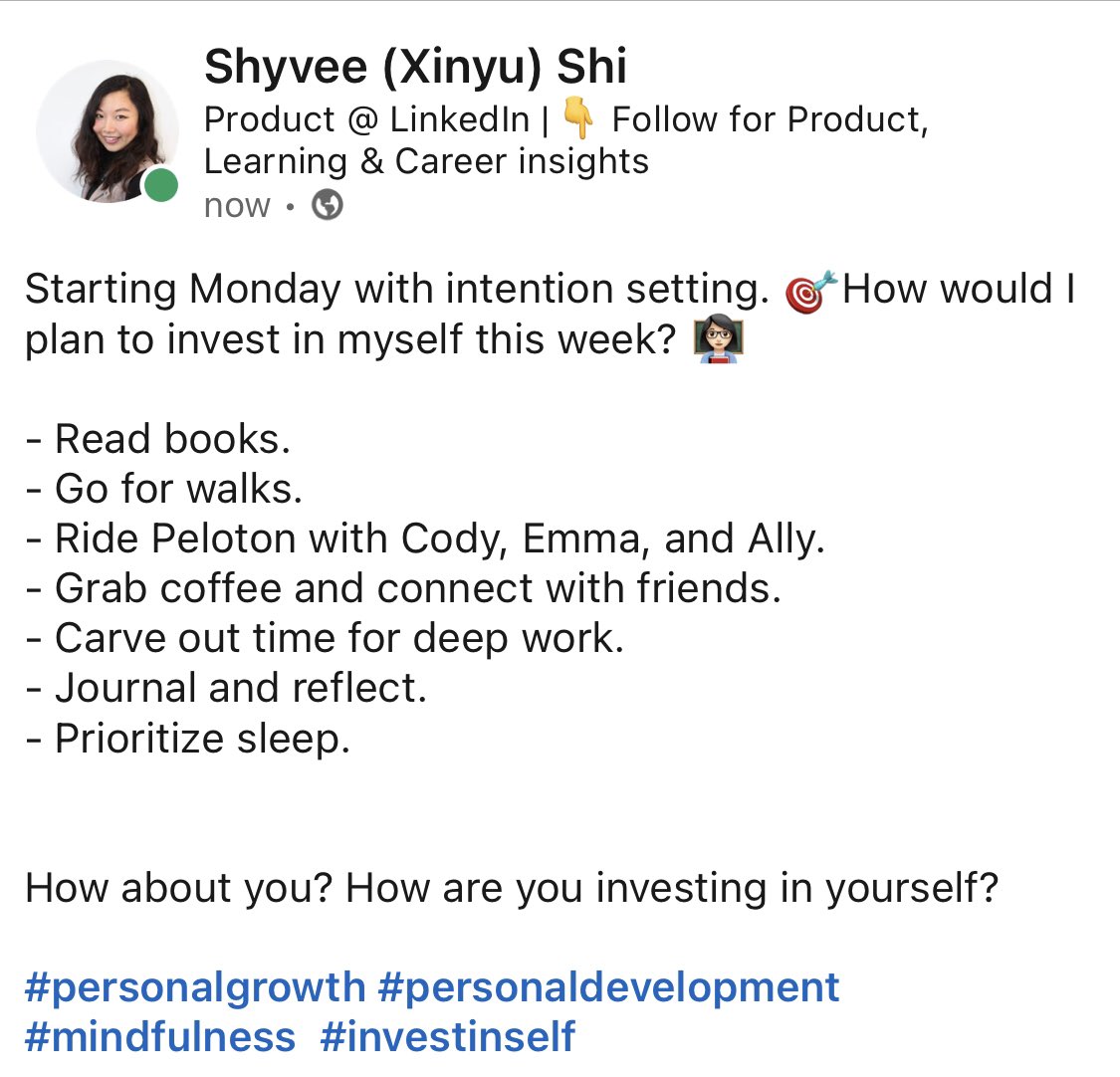 Shyvee Shi (@shyvees) on Twitter photo Hello Monday👋🏼! How are you investing in yourself this week? #personaldevelopment #personalgrowth #MindfulMonday Hello Monday👋🏼! How are you investing in yourself this week? #personaldevelopment #personalgrowth #MindfulMonday