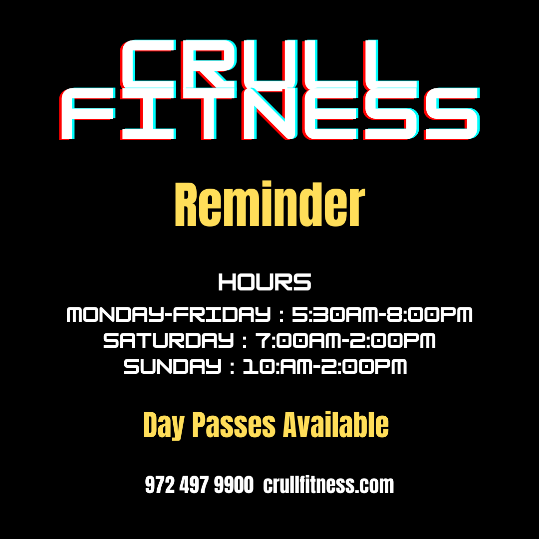 CrullFitness's tweet image. Reminder of Crull Fitness Hours! Sunday hours "use or lose it "for the summer to continue into the fall. #crull #richardsontx #HardWorkNeverStops #ChampionsBuiltHere
