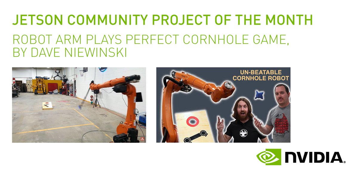 NVIDIARobotics's tweet image. The Jetson-powered robot arm from @DavesArmoury uses #computervision to throw a perfect game of cornhole. Find out how well this #JetsonProject of the Month plays in a teams game against @thehacksmith: nvda.ws/3xNCNFU

#AI #robotics #robot #engineering #nvidia