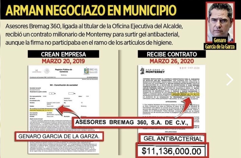 El municipio de #Monterrey gastó 11 mdp en una supuesta compra de gel antibacterial con una empresa recién creada, que no se dedicaba a vender esos productos y en la que aparece el nombre de Genaro García, titular de la Oficina Ejecutiva del Alcalde priista <a href="/AdrianDeLaGarza/">Adrián de la Garza</a>
