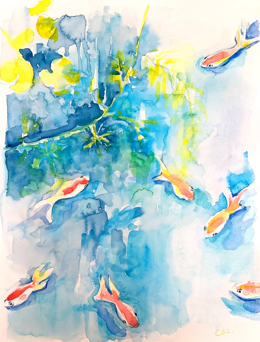 「「金魚さん達、涼しそうね」

#水彩画 #絵画 #納涼 」|mog_neko@mercari on saleのイラスト