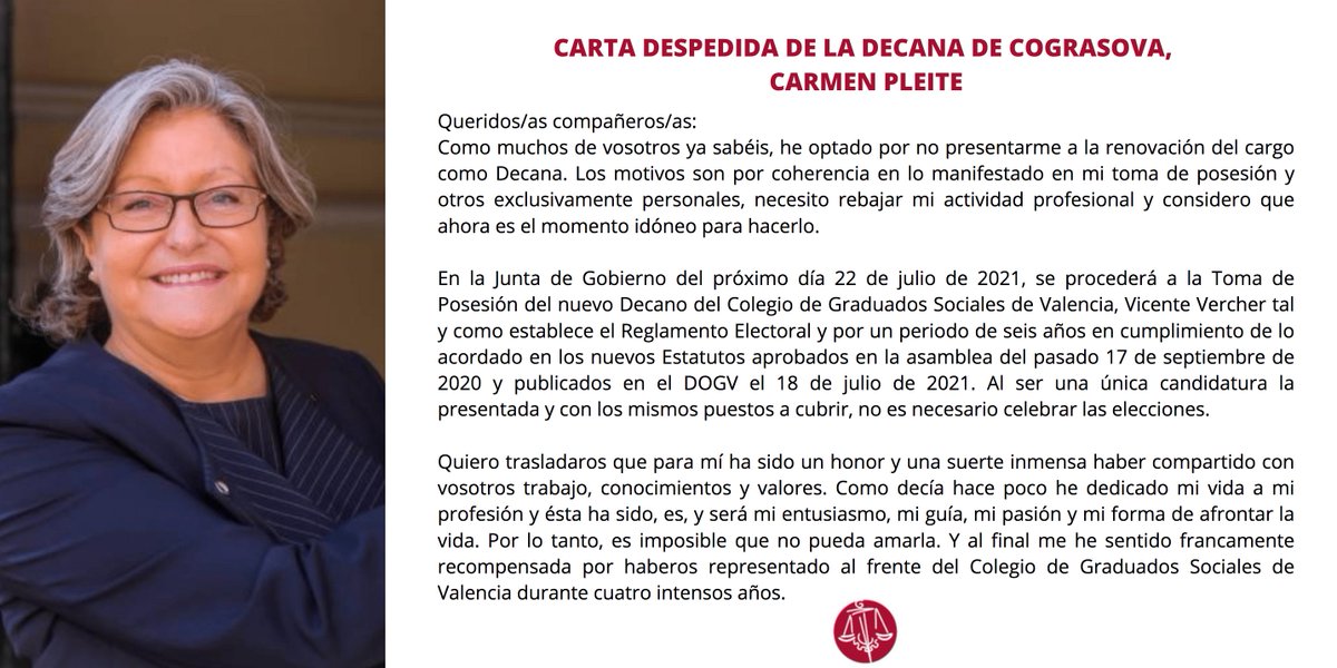 ✍️ Compartimos la emotiva carta de despedida de la decana de <a href="/cograsova_es/">Graduados Sociales Valencia</a>, <a href="/Cpleitebroseta/">Carmen Pleite Broseta</a>, donde destaca los retos afrontados, la profesionalidad del colectivo y el honor que ha supuesto representarlo

👏 ¡Muchísimas gracias por tu inmensa labor!

👉cograsova.es/blog/archivos/…