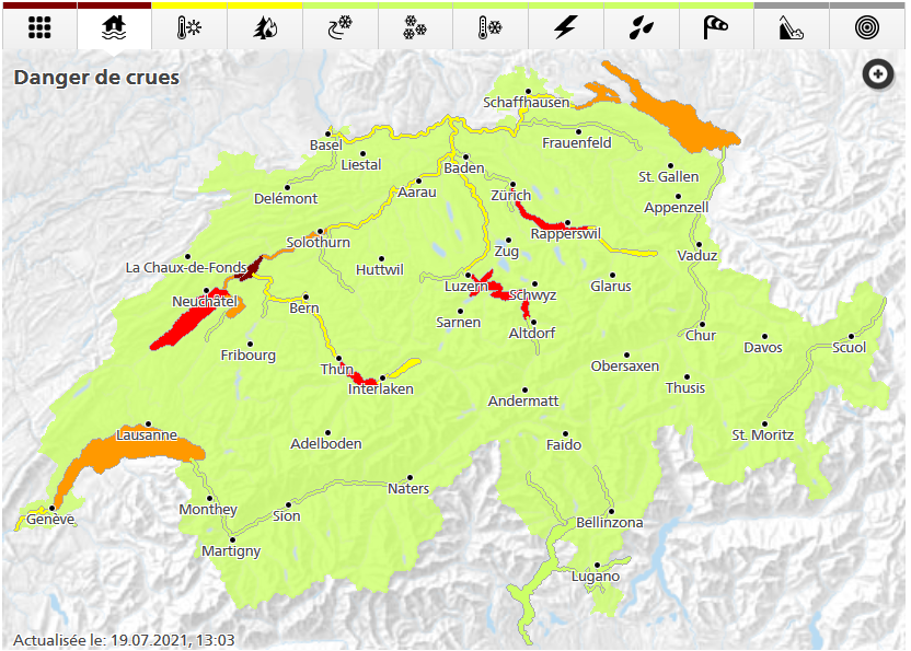 Bulletin des #DangersNaturels OFEV: Amélioration pour les cours d'eau, situation persistante pour de nombreux lacs. Niveau 5 au lac de Bienne; niveau 4 aux lacs de Zurich, de Thoune, de Neuchâtel et des Quatre-Cantons.  ow.ly/DWFX50FyLiM <a href="/meteosuisse/">MétéoSuisse</a> <a href="/Alertswiss/">Alertswiss</a>