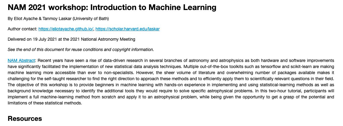 tanmoylaskar's tweet photo. Super fun to deliver an intro workshop on Machine Learning for astronomers at #NAM2021 this morning with @eliotayache! Materials available at https://t.co/3qDNQPCB7b https://t.co/oERAS7wShK