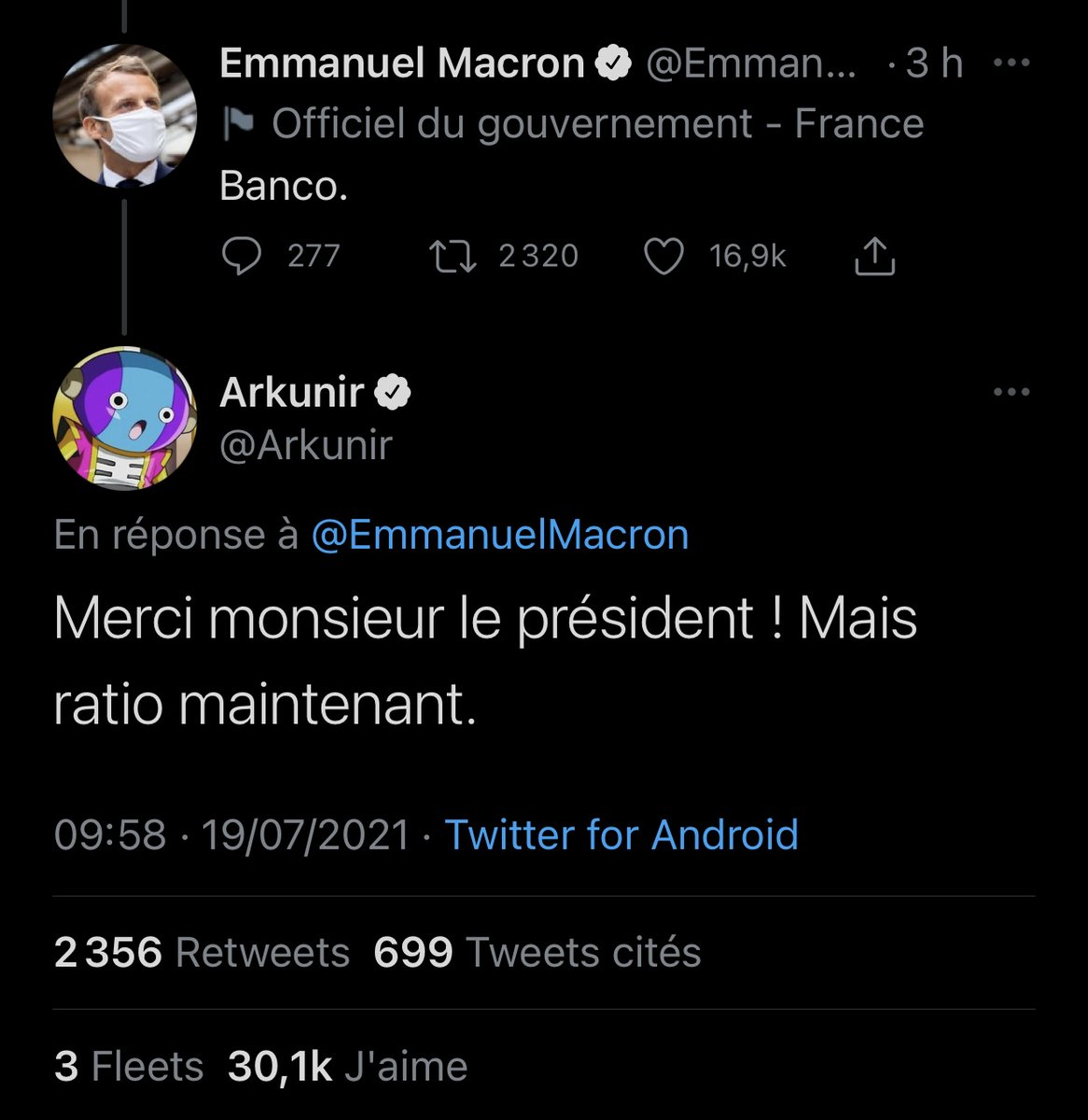 CerfiaFR's tweet photo. @EmmanuelMacron @Arkunir 🇫🇷 FLASH | Problème : le Président de la #République s’est fait ratio !

Coup dur.

(Twitter) #France https://t.co/eVi1l5XhxL
