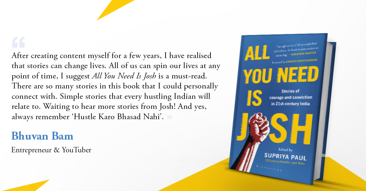 JoshTalksAI's tweet photo. Thank you @Bhuvan_Bam for emphasizing the power of stories &amp; how they really can change lives. Our book 'All You Need Is Josh' (with @BloomsburyIndia) is a testimony to this statement. 📖

Grab your copy &amp; carry a piece of josh with you everywhere you go: https://t.co/tbDvoQ3XfV https://t.co/NkOyVF3IfW