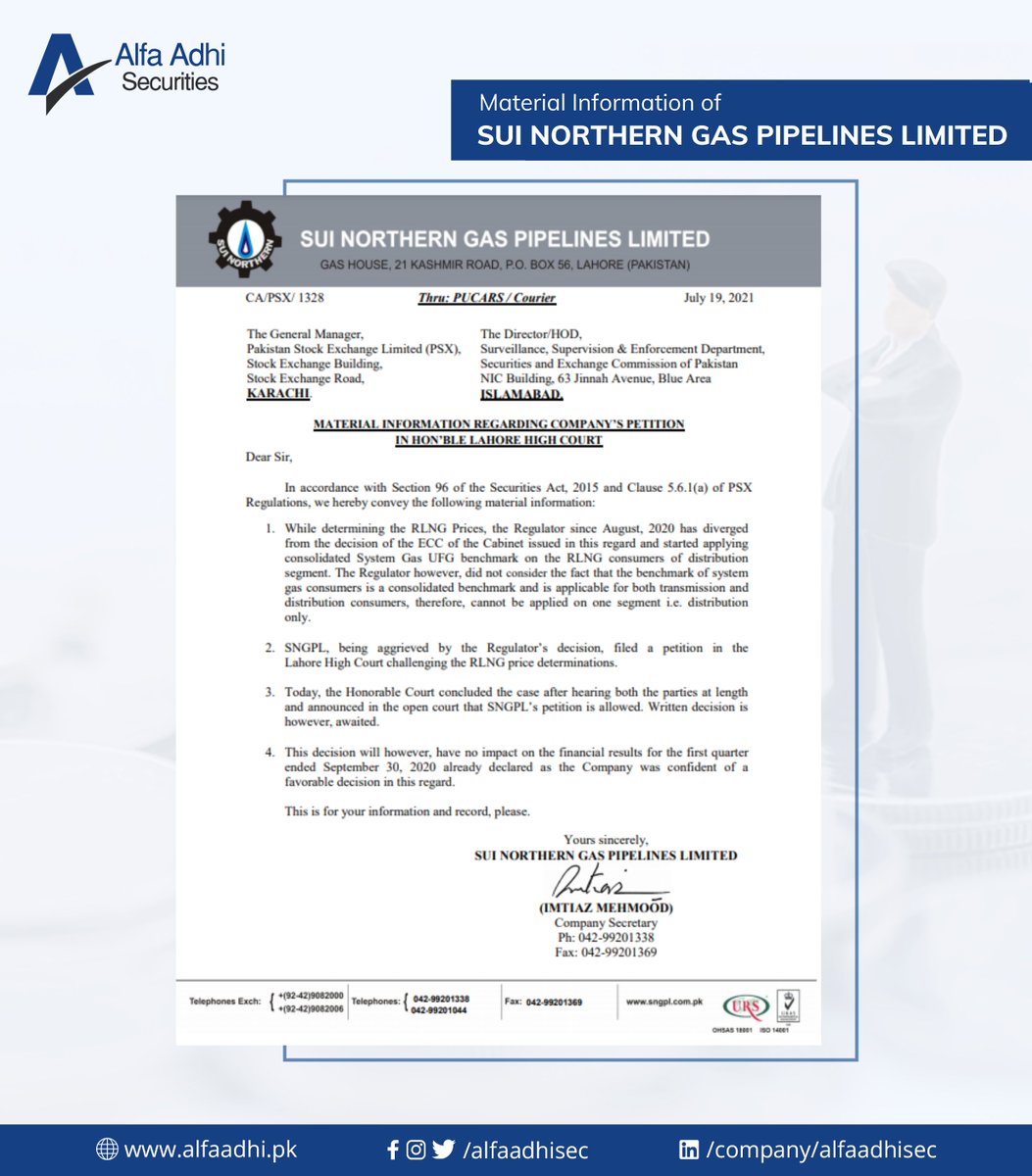 alphacapitalpk's tweet image. Sui Northern Gas Company Limited  | Materal Information Notice | 19th July 2021

#suigas #materialinformation  #alfaadhi #companynews #Pakistanstockmarket #PSX100