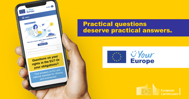 YourEurope's tweet photo. For questions about life, work, studies or business in Europe, #YourEurope is your single information gateway…whatever your plans!
🔍accurate information on your rights anywhere in the EU
ℹ️ guidance on administrative procedures
👋 personalised assistance
📝feedback
