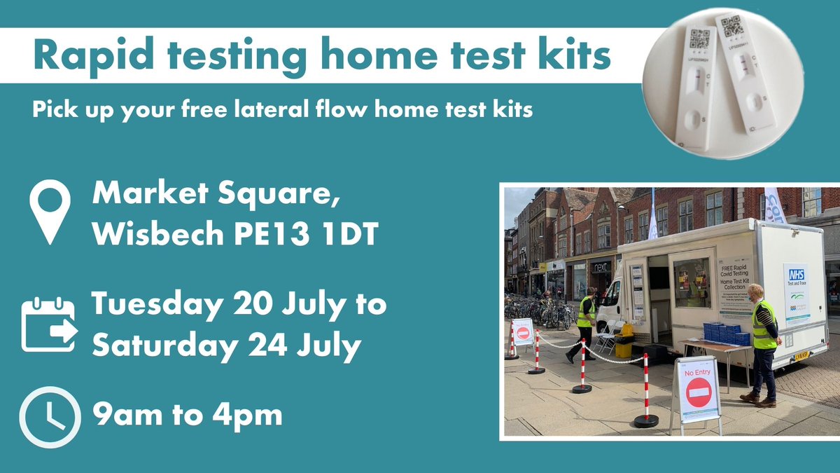 Rates in Fenland have risen by 44% in a week – help stop the spread by getting regular rapid tests.

The rapid test team will be in Wisbech's Market Square from Tuesday to Saturday this week handing out home test kits to people without symptoms. 

fenland.gov.uk/rapidtesting