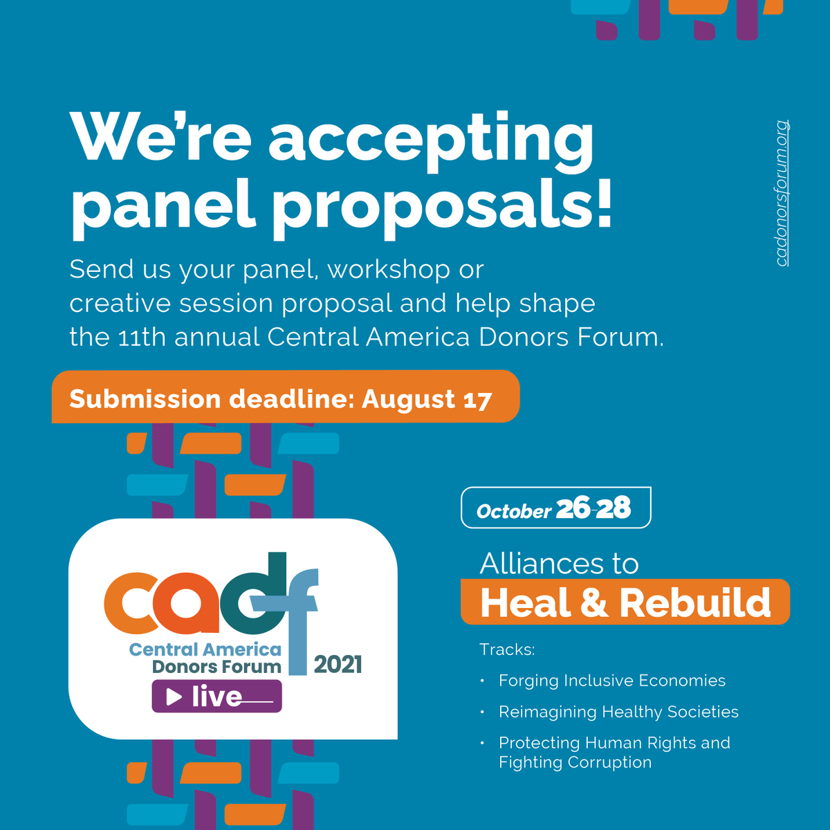 📣Help spread the word!
This year, all organizations with a focus on developing Central America are invited to submit a panel or workshop to the Central America Donors Forum #CADF2021.
⏳Session proposal deadline: Aug. 17
🛎️More information: bit.ly/CADF2021Propos…