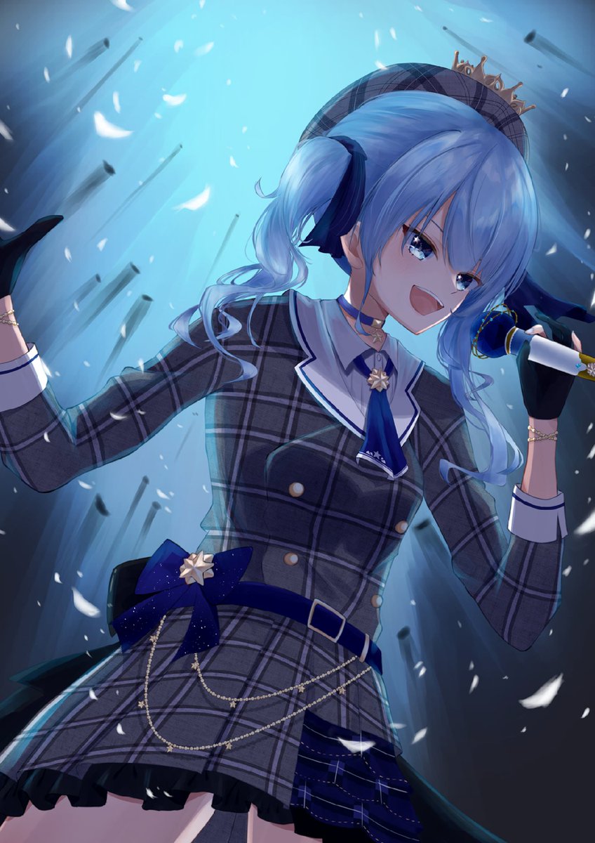 hoshimachi suisei 1girl blue hair solo gloves blue eyes hat microphone  illustration images